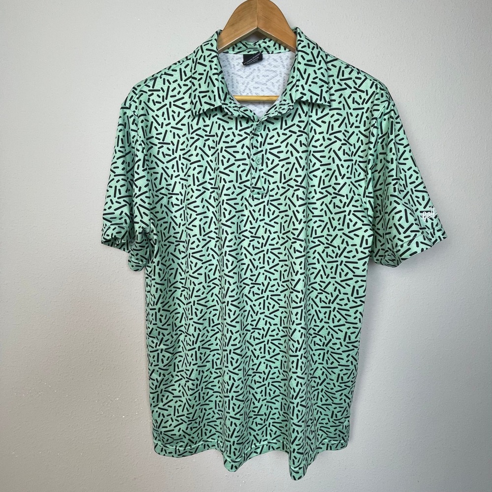 Golf Gods Australia Mens L Polo Shirt Mint‎ Green Black Dash Print Short Sleeve